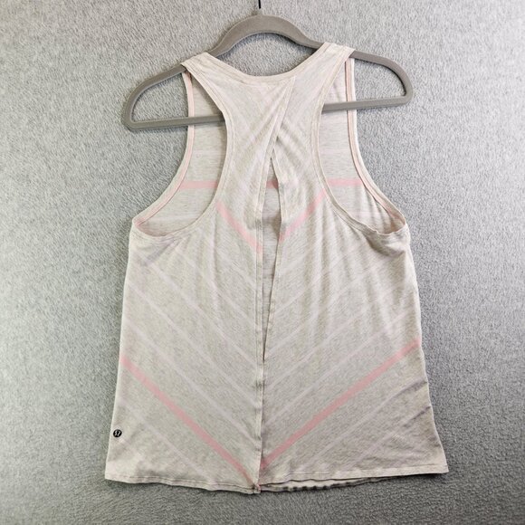 Lululemon Top Womens 6 Pink Gray Striped Split Back Open Tie Tank Crewneck - Picture 7 of 15